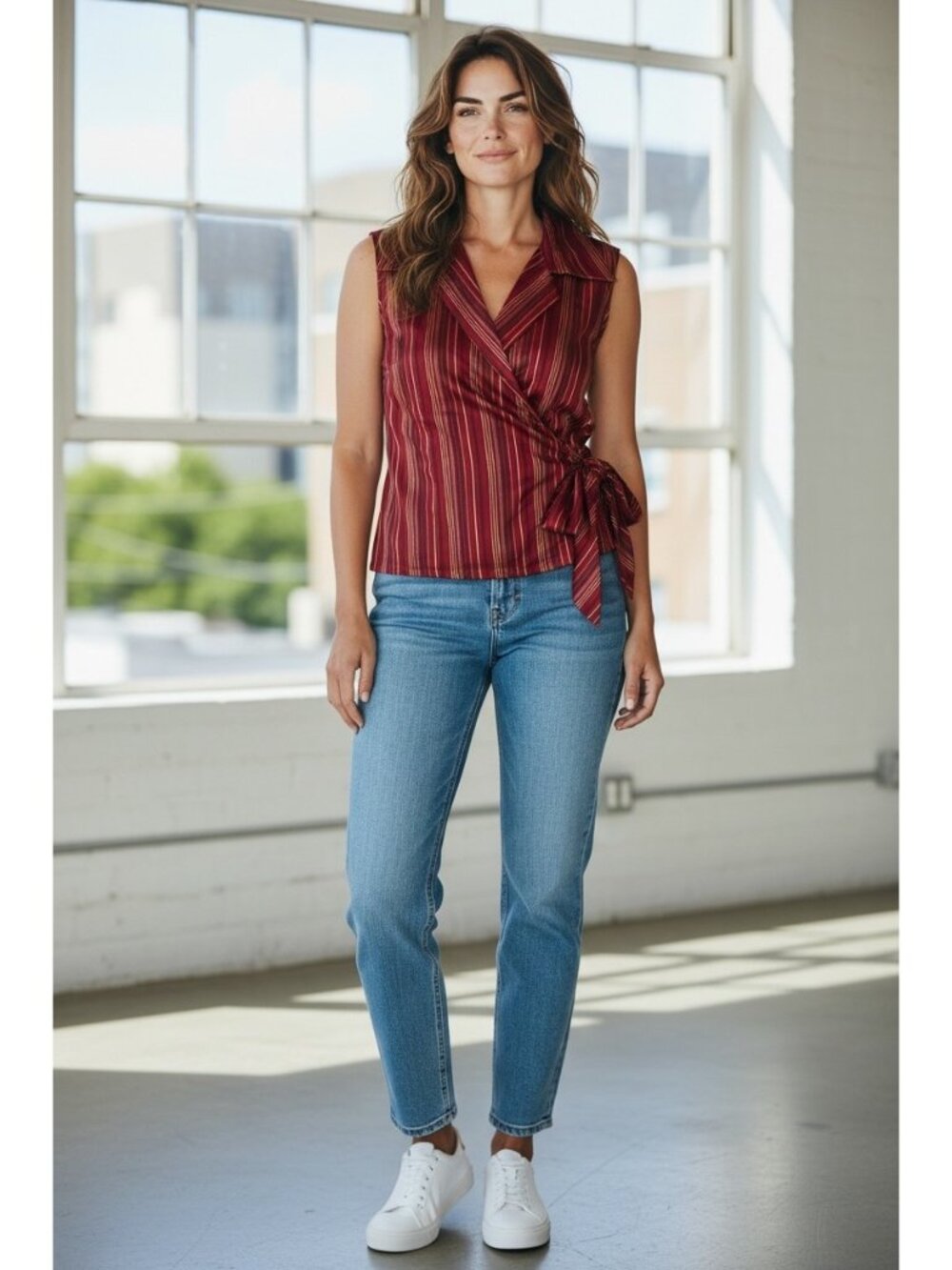 I.C.E. Y2K Striped Silk Wrap Top Burgundy Size 8 Phoebe Preppy Summer Vacation